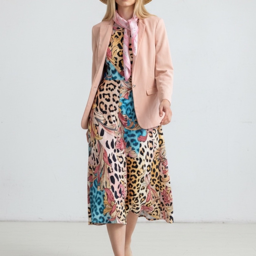 Outfit #6: BAROQUE Leopard Maxi Dress, Peach Blazer & Floral Scarf Set